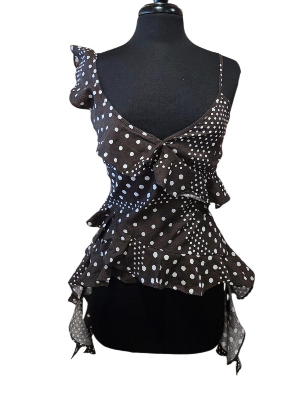 Style Envy Fairy Brown and White Polka Dot Ruffled Camisole Tank Top